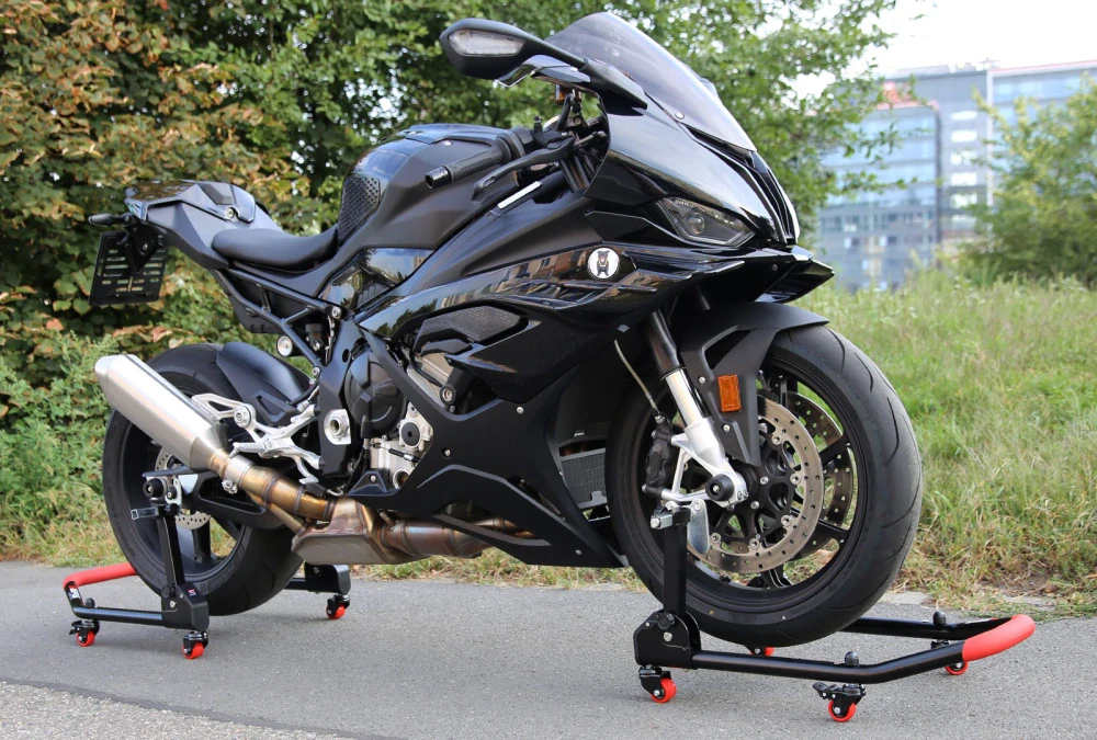 Sklopný pojízdný univerzální moto stojan přední a zadní set - trny / háky, SEFIS M20U