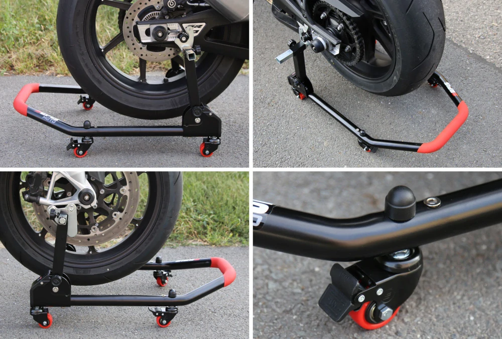 Sklopný pojízdný univerzální moto stojan přední a zadní set - trny / packy, SEFIS M20U