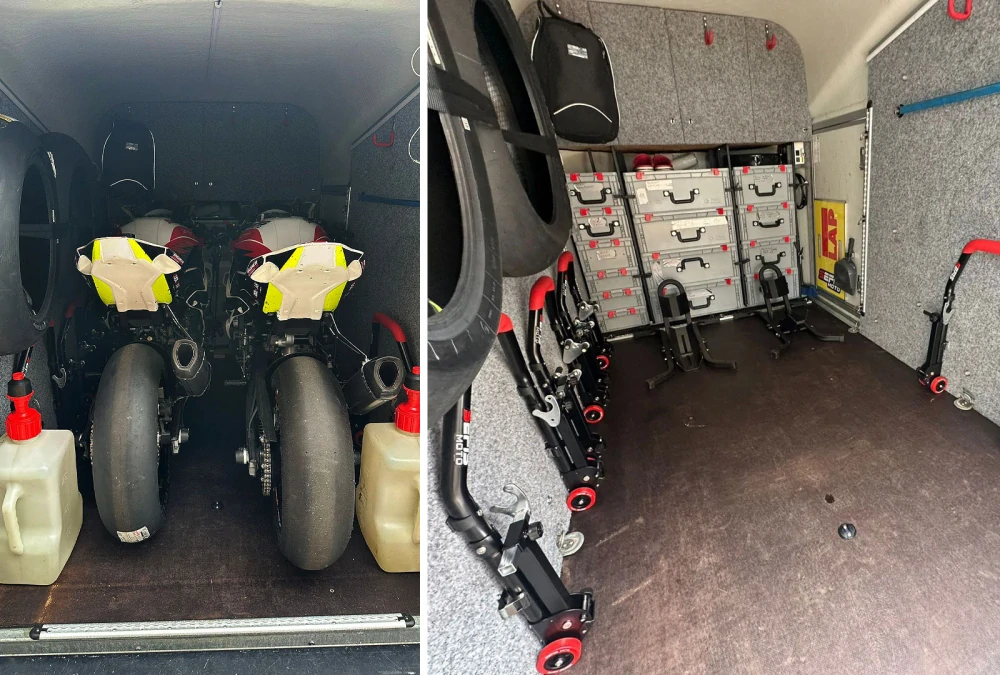 Sklopný pojízdný univerzální moto stojan přední a zadní set - vidle / háky, SEFIS M20U