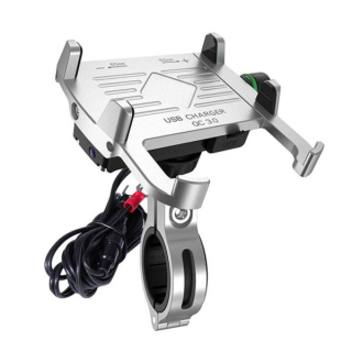Držák telefonu s objímkou na řídítka s USB zásuvkou "CRAB R10-METAL USB QC" na motorku stříbrný (chopper, cruiser)