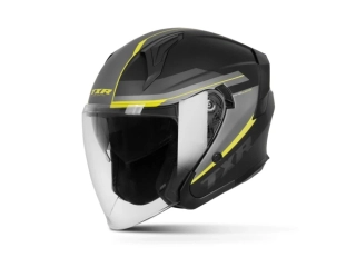 Otevřená helma na motorku/skútr TXR City černo-šedo-fluo žlutá matná, se sluneční clonou