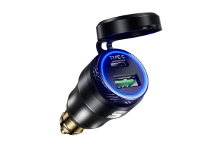 USB redukce (2x) do malé BMW, Triumph (DIN) moto zásuvky 12V, hliníková QC 3.0 USB-A USB-C