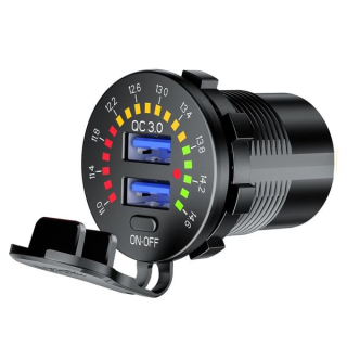 USB 2x zásuvka na motorku s voltmetrem a vypínačem, vestavná